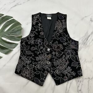 Michele Leslie Womens Vintage 90s Velvet Vest Size M Black Gold Floral Metallic